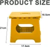 A yellow folding stool with dimensions indicated. Produktbild-Vorschau