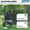 A shopping trolley on grass with text overlays describing its features. Produktbild-Vorschau