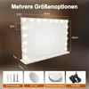 A lighted makeup mirror with dimensions indicated, and smaller images of accessories below. Produktbild-Vorschau