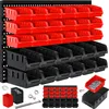 A set of red and black storage bins mounted on a black pegboard, with some hardware displayed in the foreground. Produktbild-Vorschau