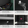 A collage of four images showcasing different features of a black metal cabinet. Náhled obrázku produktu