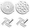 A set of four meat grinder accessories, including two cutting blades and two grinding plates, arranged on a white background. Produktbild-Vorschau