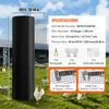 A roll of black wire mesh fencing is shown in a grassy outdoor setting with chickens in the background. A specifications panel is overlaid on the right side of the image. Podgląd zdjęcia produktu