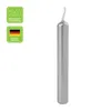 A single silver candle is shown against a white background, with two green informational badges on the left. Produktbild-Vorschau
