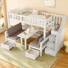 A white loft bed with a desk and seating area underneath, set up in a room. Voir les images du produit