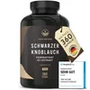 A bottle of black garlic capsules with a tag and a review badge. Produktbild-Vorschau