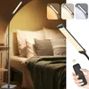 A floor lamp is shown in a bedroom setting, with close-ups of its light and remote control. Produktbild-Vorschau