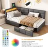 A corner bed with storage drawers and LED lighting, shown with a remote control and color wheel graphic. Produktbild-Vorschau