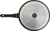 The underside of a black frying pan with a silver, textured bottom and a black handle, set against a white background. Produktbild-Vorschau