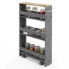 A narrow, multi-shelf storage cart with wheels and a handle, filled with jars of food items and candies. Produktbild-Vorschau