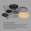 A collection of fire pit accessories laid out on a plain gray background. Produktbild-Vorschau