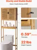 A bamboo over-the-toilet storage cabinet is shown with close-up views of its construction and features, along with text highlighting its build quality and specifications. Náhled obrázku produktu