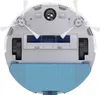 The underside of a white robot vacuum cleaner with blue brushes and a blue mop pad. Produktbild-Vorschau