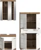 A collage of bathroom furniture pieces, including a mirrored cabinet, a tall cabinet with drawers and doors, and a vanity unit. Produktbild-Vorschau