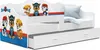 A white children's bed with a pull-out drawer and Paw Patrol characters depicted on the headboard and side. Náhled obrázku produktu