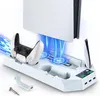 A white charging stand for a PlayStation 5 controller and console, with blue light effects indicating cooling. Produktbild-Vorschau