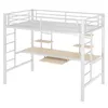 A white metal loft bed with a desk and shelves underneath, shown against a white background. Produktbild-Vorschau
