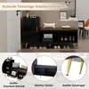 A collage of images showcasing a black and gold shoe cabinet with a bench, highlighting its storage and design features. Podgląd zdjęcia produktu