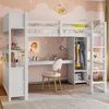 A white loft bed with a desk and closet, set up in a child's bedroom with pink walls and cloud decorations. Voir les images du produit