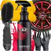 A collage of car cleaning products including a bottle of wheel cleaner, a brush, microfiber cloths, gloves, and a car wheel. Produktbild-Vorschau