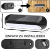Collage showing installation steps, product dimensions, and a close-up of the switch for a solar-powered outdoor light. Produktbild-Vorschau