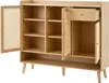 A light wood cabinet with rattan accents, open doors and a partially open drawer, shown against a white background. Produktbild-Vorschau