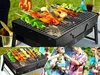 A collage of images showing a portable charcoal grill with food being cooked on it, and people enjoying a barbecue. Produktbild-Vorschau