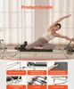A woman is demonstrating a Pilates reformer machine, with close-up shots of its features. Voir les images du produit