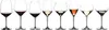 A collection of eight wine glasses filled with different beverages, arranged in a row against a white background. Podgląd zdjęcia produktu