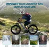 A person riding an electric mountain bike on a rocky trail, with various terrain types shown in smaller inset images. Podgląd zdjęcia produktu