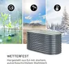 A collage showing different weather conditions and a raised garden bed. The garden bed is shown in the foreground, with images of rain, sun, and snow in the background panels. Text describes the product as weather-resistant. Produktbild-Vorschau