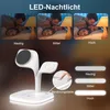 A collage showing a 4-in-1 charging station with LED night light functionality, demonstrating different light settings and a close-up of the touch button. Produktbild-Vorschau