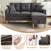 A dark gray sectional sofa with a chaise lounge is shown in a living room setting, with four inset images highlighting its features. Podgląd zdjęcia produktu