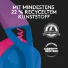 A close-up of a blue and pink headset with purple fabric strap, featuring marketing text and certification logos. Náhľad obrázku produktu