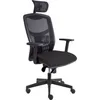 A black office chair with a mesh back and headrest, shown from a three-quarter front view against a white background. Produktbild-Vorschau