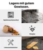 Collage zeigt klare Glas-Lebensmittelaufbewahrungsbehälter mit Bambusdeckeln, gefüllt mit Pasta, in einer Spülmaschine und auf einer Arbeitsplatte Produktbild-Vorschau