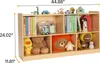 A wooden bookshelf filled with toys and books, with dimensions indicated by yellow lines and text. Anteprima dell’immagine prodotto
