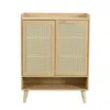 A light wood cabinet with rattan doors and open shelving, shown against a white background. Produktbild-Vorschau