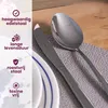 A close-up of cutlery on a textured placemat, with text overlays highlighting product features. Náhled obrázku produktu