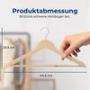 A hand holds a wooden hanger, with measurements and text overlaid on the image. Produktbild-Vorschau
