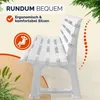 A white plastic garden bench is shown from the side, with green foliage in the background and foreground. Text overlays highlight features. Náhled obrázku produktu