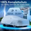 A car covered with a protective cover, with a background split between a stormy sky with lightning and a modern house. Produktbild-Vorschau