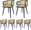 A set of six dining chairs with rattan backs and gray velvet seats, arranged in two rows. Podgląd zdjęcia produktu