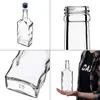 A collage of four images showing a clear glass bottle with a wavy design, a blue cap, and a person holding one of the bottles. Produktbild-Vorschau