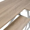 A close-up view of a wooden desk with white metal legs. Voir les images du produit