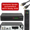A collage of a satellite receiver, its remote control, and HDMI cables, with promotional text. Produktbild-Vorschau