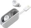 A pair of white wireless earbuds and their charging case, with a charging cable attached. Náhľad obrázku produktu