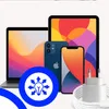 A collection of Apple devices including a laptop, tablet, and two iPhones, along with a white USB-C charger and cable, are arranged together. A blue circular graphic with a lightbulb and radiating arrows is in the foreground. Anteprima dell’immagine prodotto