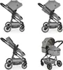 A collage of four images showing a grey 2-in-1 stroller from different angles. Produktbild-Vorschau