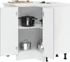 A white corner cabinet with two doors open, revealing shelves with pots and pans. Produktbild-Vorschau